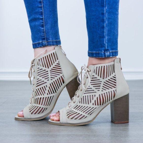 Open Toe Laced Up Spring Cut Out Ankle Booties - Picture 3 of 8